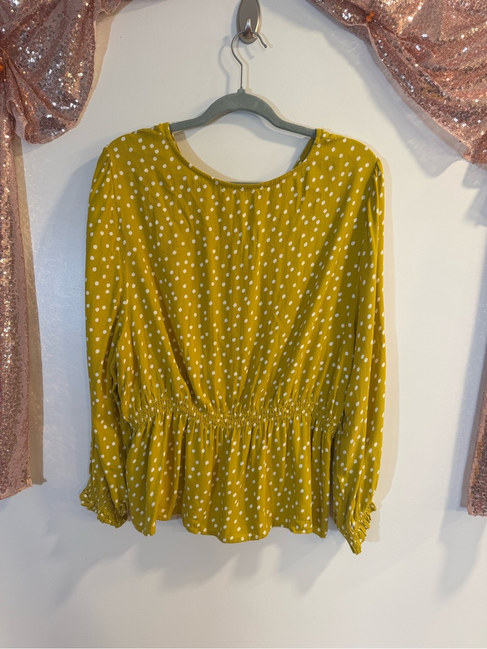 Goodthreads Mustard Polka Dot Smocked-Waist Long-Sleeve Blouse